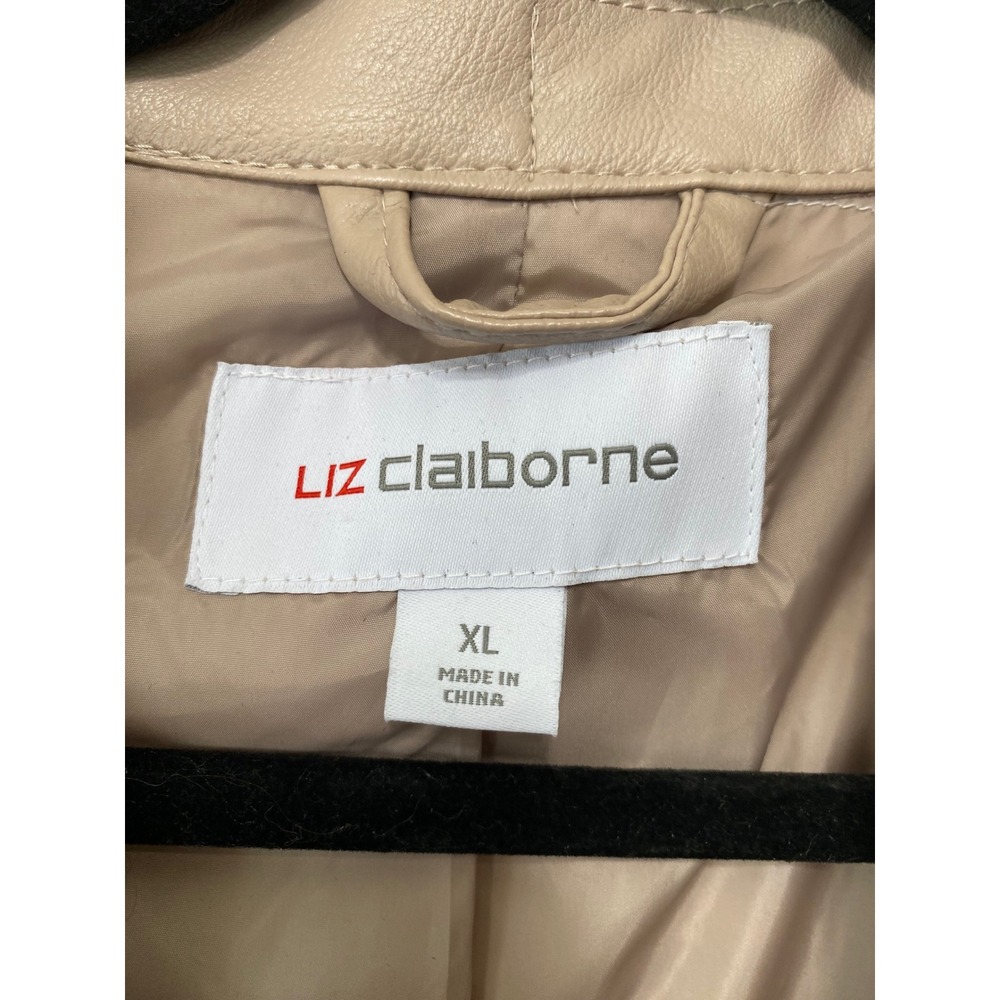 Liz Claiborne Faux Leather Jacket Women XL Tan Beige Zip Front Utility Coat - Picture 2 of 15